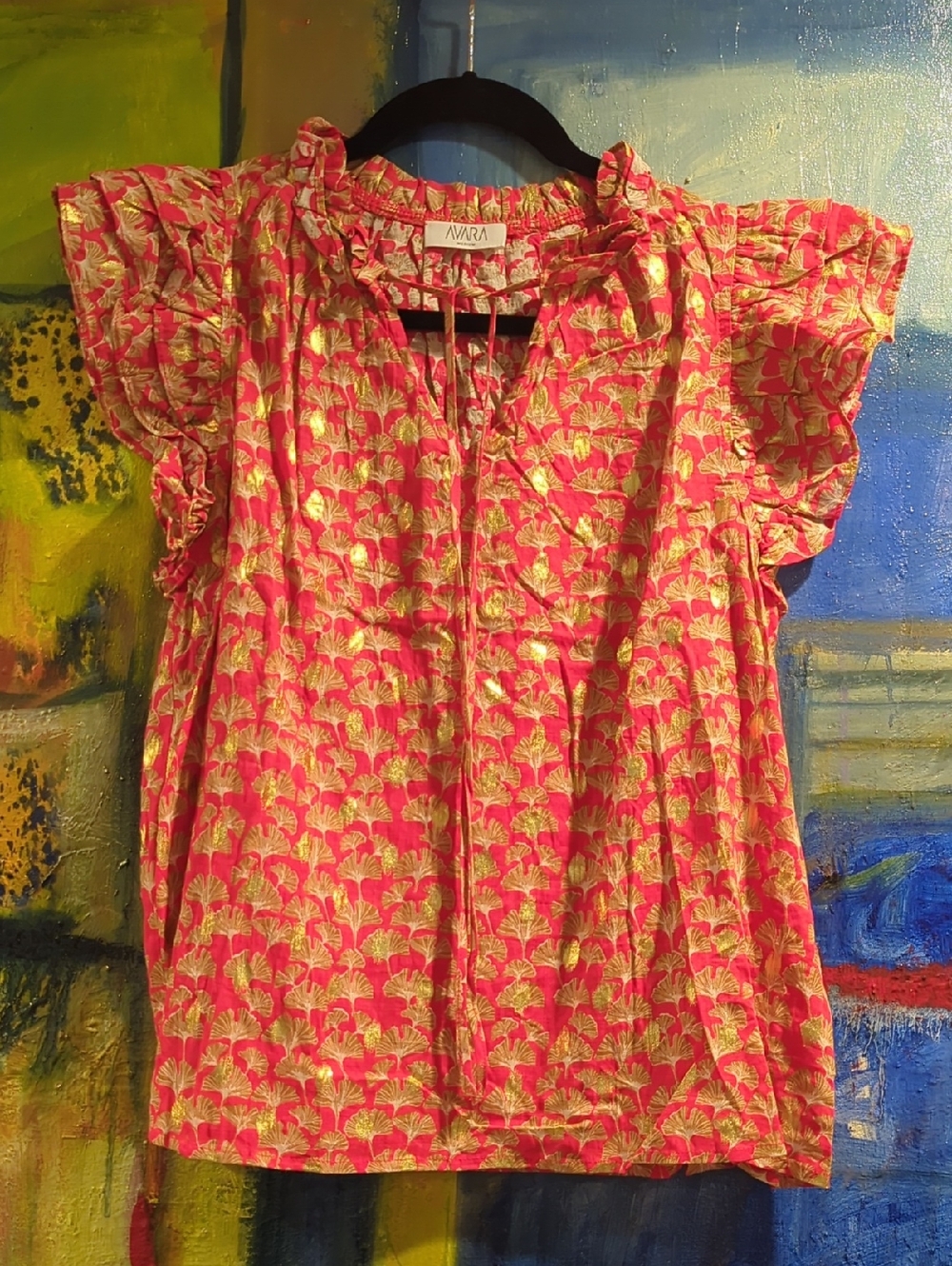 Avara Ruffle Cap Sleeved Rust Red & Gold Metallic Print Tip V-neck W/Tie Detail